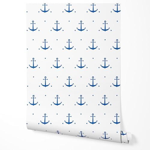 GP TONER Vliestapete Anker Blau Weiß Maritim Muster Skandinavisches Design Tapete Schlafzimmer Wohnzimmer Flur Badezimmer Modern UV-beständige Tapete 10m x 0,5m