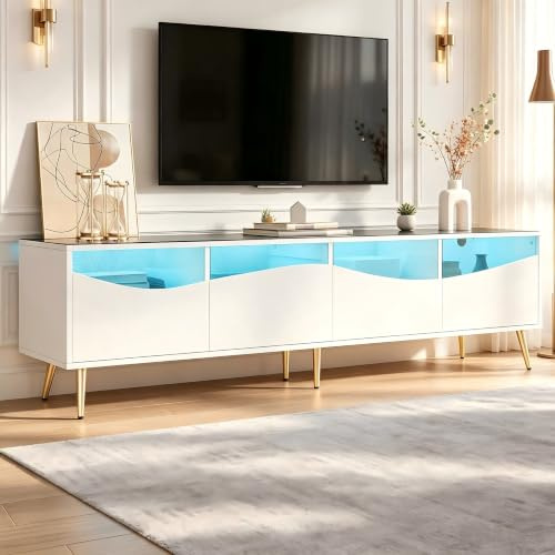 VILUXE Meuble TV 180 cm avec LED, façade en verre, espace de rangement et pieds en métal doré, blanc pour salon