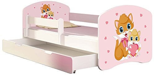Kinderbett Jugendbett mit einer Schublade und Matratze Weiß ACMA II 140 160 180 40 Design (180x80 cm + Bettkasten, 33 Miezekatzen)
