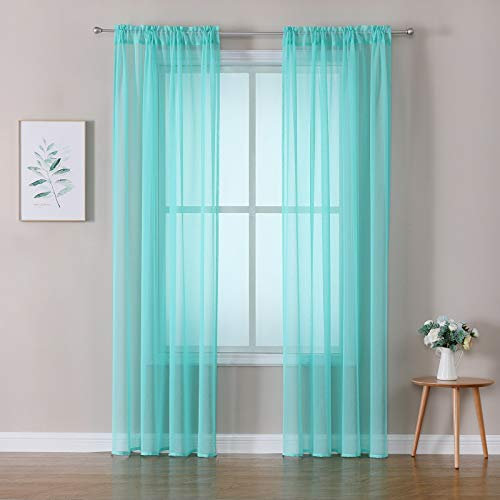 MIULEE 2er Set Sheer Voile Vorhang Stangedurchzug Transparente Gardine aus Polyester Fensterschal Transparent Wohnzimmer Luftig Dekoschal für Schlafzimmer 140 X 245 cm (B x H), Rod Pocket Türkis