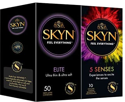 SKYN Elite Kondome (50 Stück) & 5 Senses Kondome (10 Stück) Latexfreie, verendbar mit unser Lube