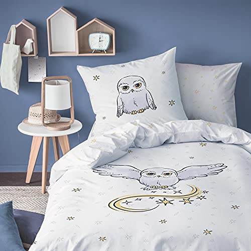 Harry Potter WB Owl Bettwäsche, bedruckt, 100 % Baumwolle, offizielles Lizenzprodukt | Bettbezug 140 x 200 cm + 1 Kissenbezug 63 x 63 cm | Knopfverschluss | Kinderzimmer, Einzelbett | Öko-Tex zertifiziert
