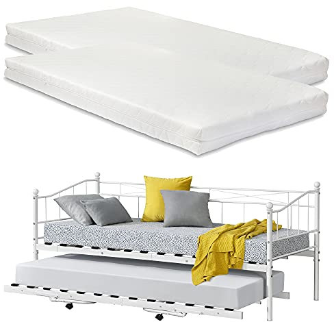 [en.casa] Tagesbett Skutskär mit Matratze 90x200cm und ausziehbarer Liege Bettsofa Schlafsofa Kojenbett 2 Liegeflächen Weiß