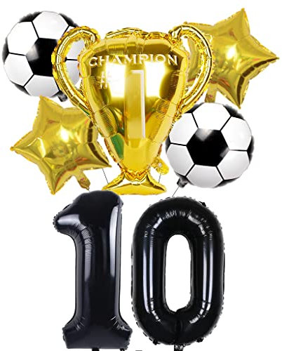 Conruich Fußball Luftballon Set, Geburtstagsdeko Jungen 10 Jahr, Schwarz Riesen Folienballon Zahlen 10, Fußball Thema 10 Jahr Party Deko Luftballons, 10. Geburtstag Party Dekoration für Kinder Jungen