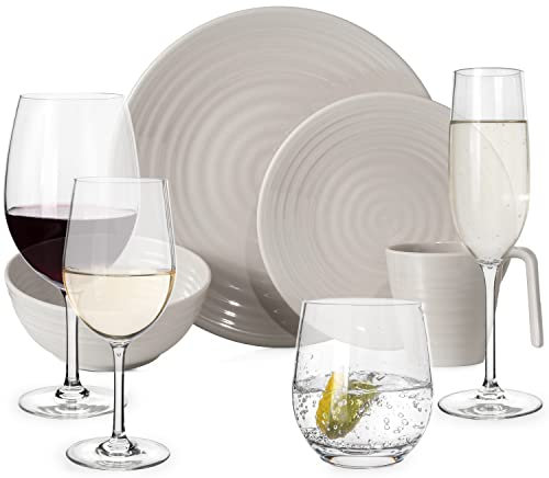 Melamin Camping Geschirr Set 4 Personen Coffee 16 Teilig + 16 Timo Gläser Wassergläser Weingläser Champagner-Gläser Flûtes Tafelgeschirr Picknick BBQ Kochgeschirr