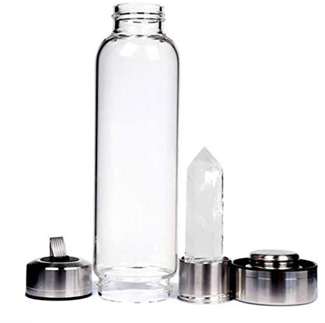 Crystal Water Bottle, Real Natural Crystal Quartz Glass Water Bottle, Healing Natural Quartz Water Durable, Portable Leak Proof Gemstone Bottle 550ml (Clear quartz)