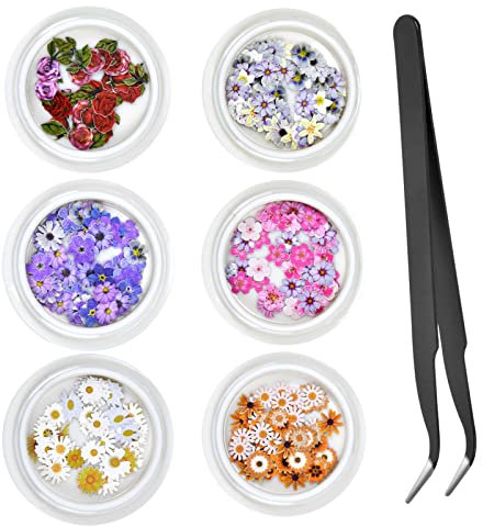 300 Stück Schachteln Getrocknete Blumen für Nailart, 6 Boxen 3D Nail Art Zubehör Aufkleber, DIY Nagel Kunst Nail Art Zubehör, Gemischte Blumen Designs Nagelsticker Set mit Gebogener Pinzette