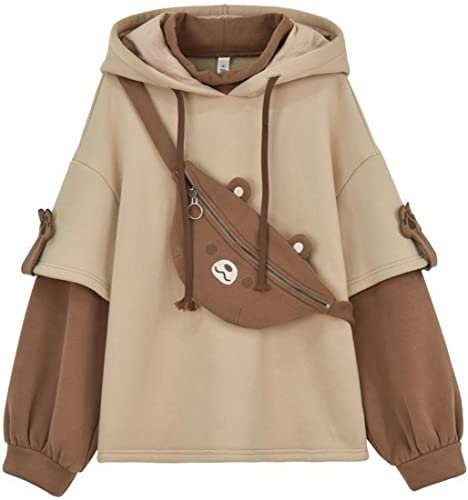 YINGKE Delle Donne Kawaii Anime Orso Anime Top Falso in Due Pezzi con Cappuccio Teen Girls Harajuku Style Pullover Felpa(M,Marrone)