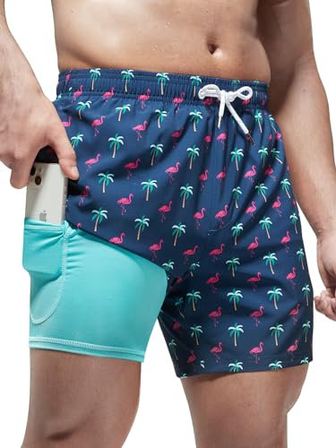 Arcweg Short de Bain pour Homme 2 en 1 avec Boxer doublé pour Homme avec Doublure de Compression Short de Plage à séchage Rapide Flamant à la Noix de Coco M(EU)