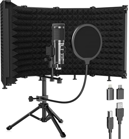 Studio Recording Microphone Isolation Shield with Pop Filter & Tripod Stand Kit Studio Mic to Laptop and Pc Equipment Vocal Condenser (Five-sided Panel Isolation Shield With Microphone)