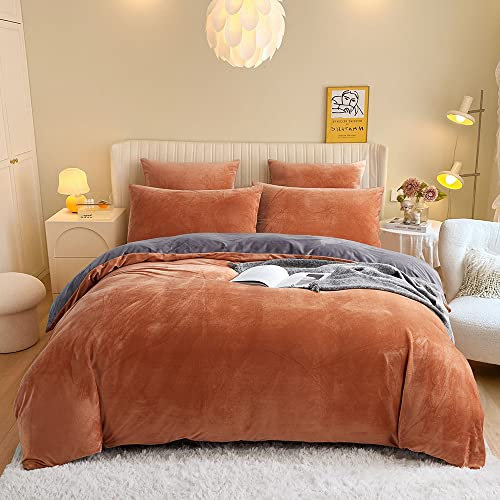 Nyescasa Winter Plüsch Bettwäsche 135x200 4Teilig Coral Fleece Flanell Karamell Grau Wendebettwäsche Cashmere Touch 2 Bettbezug mit Reißverschluss und 2 Kissenbezug 80x80cm Warme Deckenbezug