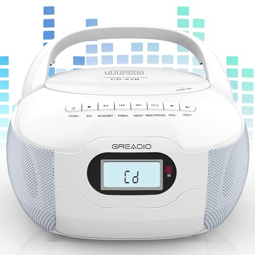 Greadio Boombox CD Player, Portable FM Radio CD Player with Bluetooth 5.1, LCD Display, AC/Battery Powered, Remote Control, TF/USB/AUX Port, Headphone Jack, CD-R/CD-RW Compatible for Home,Senior,Kids
