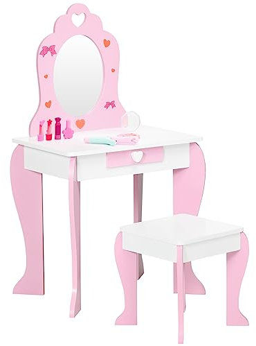 ZONEKIZ Set Tavolo Trucco con Sgabello e Specchio e Cassetto in Legno MDF per Bambini da 3-6 Anni, Bianco e Rosa