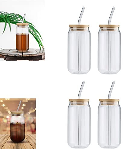 NLDGR 4 vasos de cerveza con tapas y popotes, vasos en forma de lata de 13.5 onzas con tapas de bambú y popote de vidrio, taza de café helado transparente con popote y tapa
