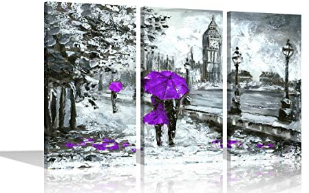 Coppia con ombrello viola a Londra stampe su tela moderne e romantiche immagini per casa ufficio soggiorno incorniciate 3 pezzi opere d'arte 61 x 30 cm x 3 (24 x 12 x3)