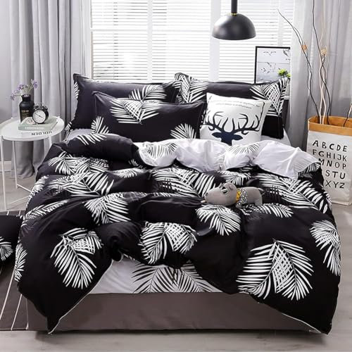 Michorinee Bettwäsche 140x200 Schwarz Weiß Palmen Blätter Muster Bettbezug 2 Teilig Kuschelig Microfaser Wendebettwäsche Set mit Reißverschluss - 140 x 200 cm + 70 x 90 cm