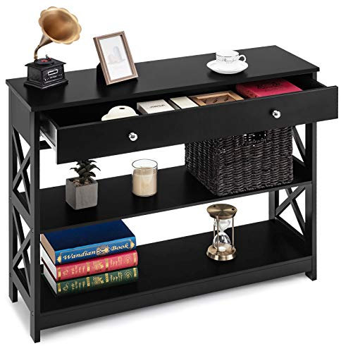 COSTWAY Consolle con Cassetto, Tavolo Consolle con Ripiani e Dispositivo Antiribaltamento, Tavolo Laterale da Divano Moderno, Mobile da Ingresso per Spazi Piccoli Salotto e Corridoio (Nero)