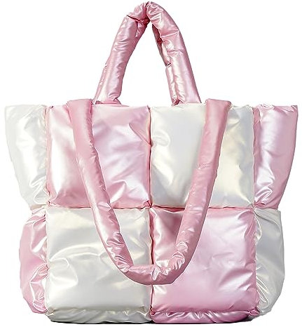 Borsa a tracolla morbida da donna, leggera, invernale, in cotone imbottito, trapuntata, borsa a tracolla, Rosa e bianco., Medium