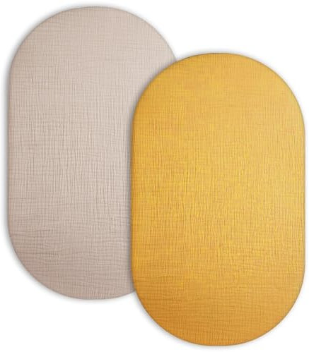 Stubenwagen-Bettlaken für Baby Jungen und Mädchen, 2er-Pack, Spannbettlaken für rechteckige, ovale Sanduhr-Stubenwagen-Matratze, Musselin-Moseskörbchen-Bettlaken mit neutralem Stil (Beige & Senfgelb)