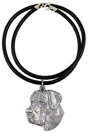 Art-Dog Hundekopf-Halskette auf Lederband - ArtDog Kollektion Hunde Halskette - Silberne Ketten mit Hundebildern - Schmuck mit Hunderassen - Deutsche Dogge (Unkupierte Ohren)