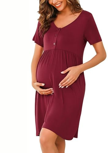 Bresdk Chemise de Nuit de Maternité à Boutons pour Femmes Vêtements de Nuit à Manches Courtes Hôpital d'allaitement, Bouton - vin Rouge, L