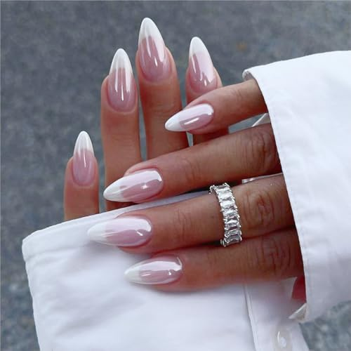 FJSMTOPl Press On Nails - Almond Fake Nails - French Tip False Nails Press ons - Medium Glue on Nails with Chrome Design - for Women Stick on Nail 24Pcs