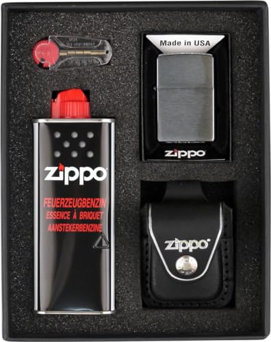 Geschenkset Feuerzeug - Feuerzeug Chrom gebürstet - Ledertasche braun mit Schlaufe - Benzin - Feuerstein