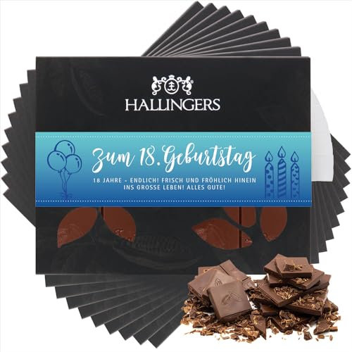 Hallingers 10x Zum 18. Geburtstag - Vollmilch Edel-Schokolade zartschmelzend ganz pur - handgemacht, alkoholfrei (Box) - Geschenkideen Weihnachten & Geschenke Adventskalender | Geburtstag Glückwunsch