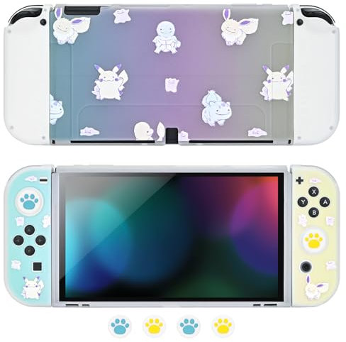 DLseego Protective Case Compatible Switch OLED,Frosted Clear Dockable Switch OLED Silicone Protective Cover with 4 Thumb Grip Caps,Shockproof and Anti-Slip Design,Blue Yellow