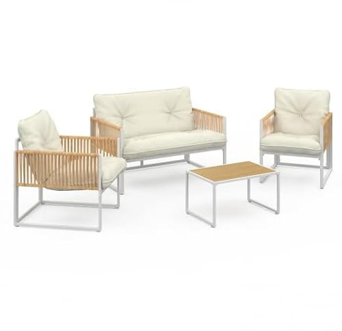 IDMarket - Lounge-Set Rio 4-Sitzer, Metallstruktur, weiß, Seil in Rattan-Optik und beigefarbene Kissen