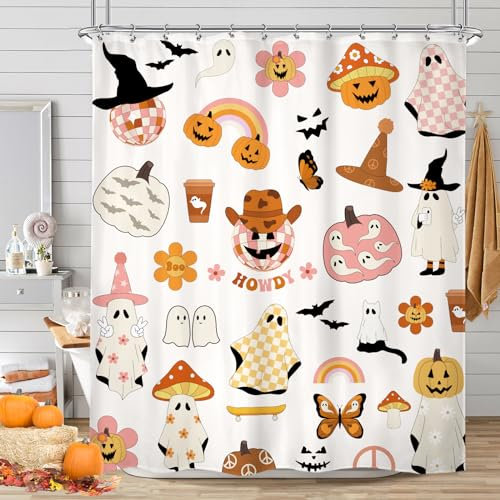 Ufeela Rideau de douche d'Halloween 152,4 x 182,9 cm pour enfants, motif fantômes humoristiques, dessin animé, mignon années 70, champignon citrouille, arc-en-ciel, ensemble de salle de bain moderne