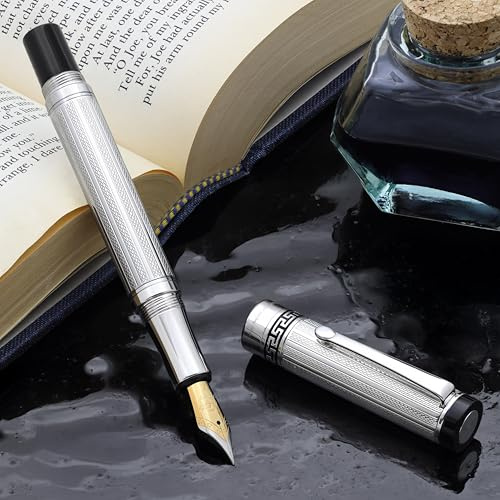 Xezo Tribune 925 Sterling Silver Fine Nib (0.4 mm line) Fountain Pen. Platinum Plated. Hand Guilloche Engraved and Serialized. Limited edition of 300