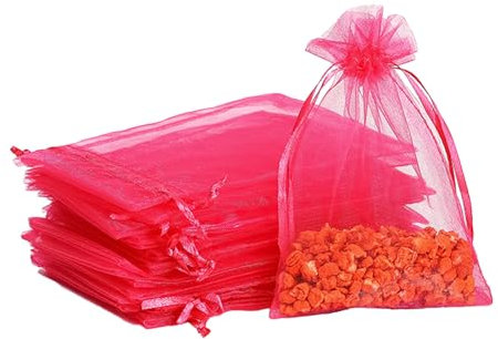 100pk Rose Red Organza Gift Bags,10x15cm Small Organza Favor Bags,Wedding Jewelry Pouches with Drawstring,Mesh Candy Favour Bag Party Sweet Bags for Birthday,Wedding,Christmas,Gift Wrapping