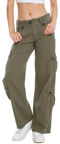 XKBHYD Cargo Jeans Damen Y2k Baggy Weites Bein Denim Hosen Niedrige Taille Mehrere Taschen Lose Streetwear Jeans Grau M