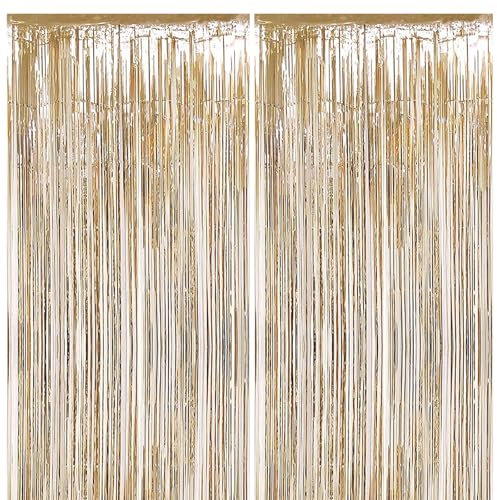 2pcs Champagne Gold Glitter Tinsel Curtains, 1 * 2m Shimmer Party Foil Door Curtains with Metallic Fringe Tassel Tinsel Backdrop for Birthday Wedding Xmas Party Décor