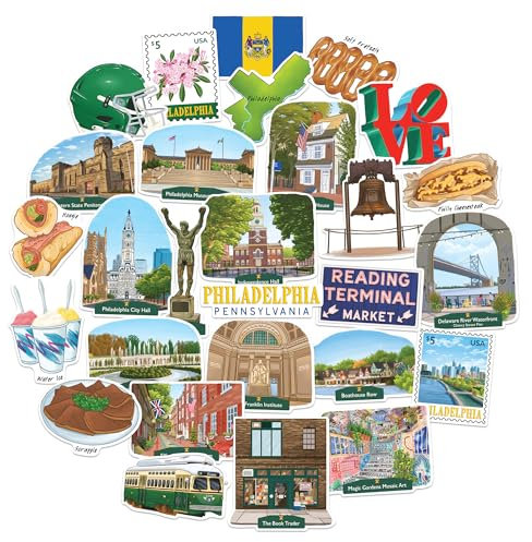 Navy Peony Artistic Philadelphia Travel Stickers (28pcs)-Gouache Style, Philly, America-Themed Vacation Stickers for Scrapbooks, Journals, Laptop