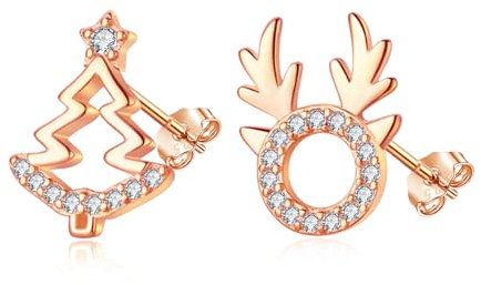 Estrellique 925 Sterling Silber Ohrstecker, Silber Weihnachten Asymmetrischer Ohrringe Damen, Weihnachtsbaum & Elch mit Zirkonia Ohrstecker Silber 925, Süße Knorpel Schlafen Ohrstecker zum Weihnachten