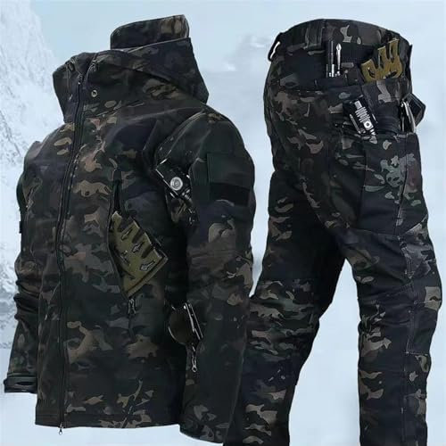 TAUIANE Taktische Jacke Mit Kapuze FüR Herren Set Aus Outdoor Tarnjacke Und Hose wasserdichte Softshelljacke Mit Mehreren ReißVerschlusstaschen Und Kapuze Angeln Jagen Klettern Wandern,03,XL
