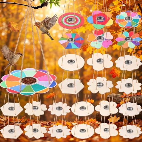 DoubleFill 48 Pcs Bird Feeder Craft Kits for Kids Ages 3-8 Make Your Own Bird Feeders Kids Arts and Crafts DIY Wooden Art Painting Bird Feeders for Outside DIY Craft for Garden Outdoor Decoration
