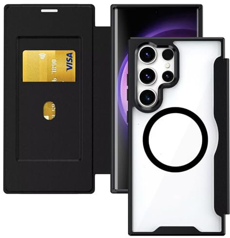 HAONANDE Magnetisch Handyhülle für Samsung Galaxy S23 Ultra, Klapphülle Kompatibel mit MagSafe, RFID Blocker, Kartenfach, PU Leder Flip Stoßfest Schutzhülle Klar Case Schwarz