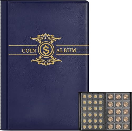 Münzsammlung Buch Supplies Halter Album für Sammler, 300 Taschen gepresste Münzhülsen Display Aufbewahrungskoffer für Multi-Münzen Sammlungen Halter, Viertel, Pennies, Silber Dollar Münzen (Blau)