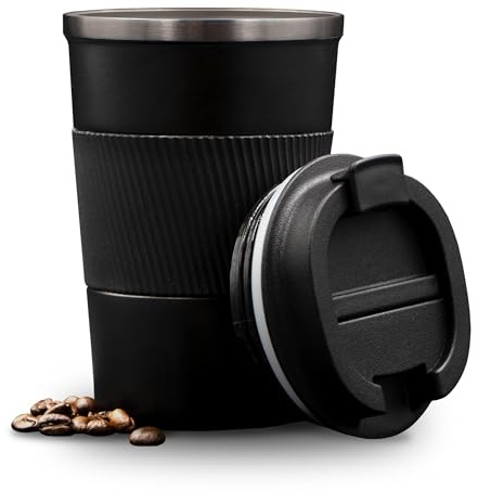 DULA Thermosbeker 380 ML Koffiebeker to go, Travel mug dubbelwandig, Schwarz, EDELSTAHL, Für koffie und Tee, Lekdichte reisbeker