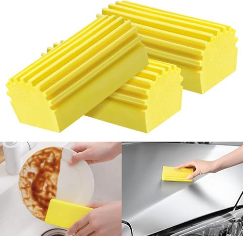 3 Pack Cleaning Sponge Duster,Wet Duster Sponge,Dusting Sponge with Ridges,Reusable Household Cleaning Sponge Tool for Blinds,Fan Blades, Vents, Glass, Railings, Mirrors (Yellow)