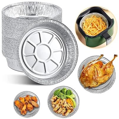 50PCS Round Foil Trays Foil Flan Dishes Silver Foil Food Containers Disposable Aluminum Foil Plates Tin Foil Pie Pans for Air Fryers Baking Cooking Storage Roasting (7 inches)