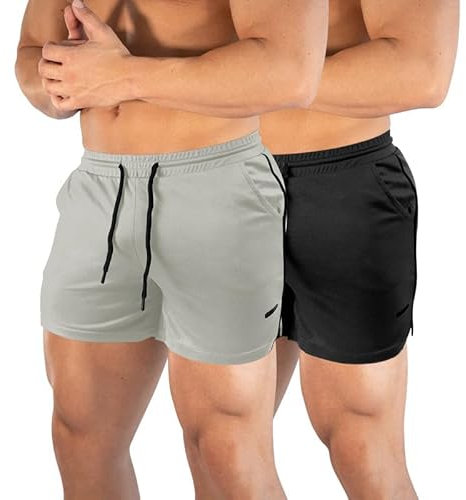 DEHORU Pack de 2 pantalones cortos de deporte para hombre, con bolsillos, secado rápido, ligeros, de malla, pantalones de chándal, Negro+gris claro, L