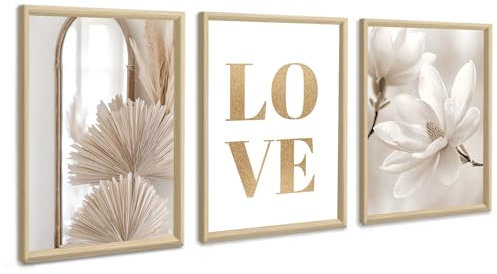 3Pcs En bois Cadre Boho Beige Blanc LOVE Magnolia Tableau Décoration Murale Salon Nordique Minimalisme Famille Impression sur Toile Peintures sur Toile Décor Murale pour Chambre Maison Bain 30x40cmx3
