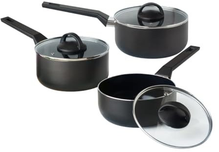 QDESIGN BLACK+ Lot de 3 Casseroles en Aluminium ultra antiadhésif anti-rayures sans PFOA + 3 couvercles en verre - tous feux dont induction - Compatible four, lave-vaiselle frigo - Noir, Ø 16/18/20cm