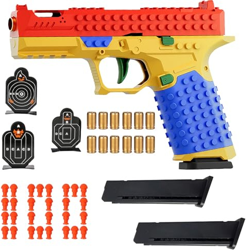 Shell Ejecting Toy Gun, DIY Building Block Gun Automatic Pull Back Action Platebase Shooting Games Education Model Toy Pistol for Kids Gifts