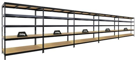 PROREGAL Mega Deal 5X Étagère Charge Lourde Rivet | HxLxP 180x150x60cm | 250kg par Niveau | Noir | Lot d'étagères Robustes de Garage, Atelier, Cave, sous-Sol, Stockage, Rangement, Rayonnage