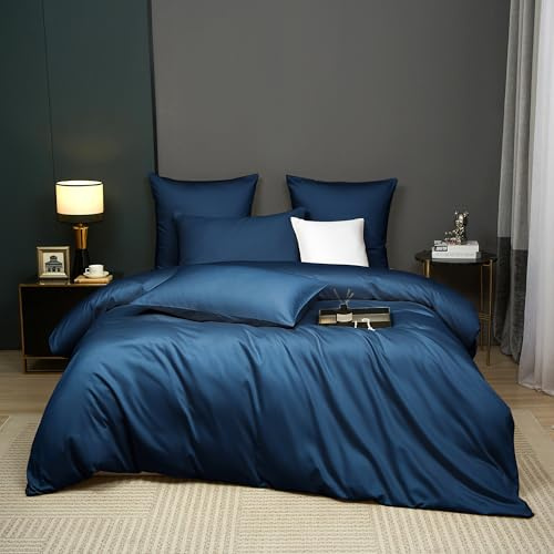 Luowei Mako Satin Bettwäsche 135x200 cm Baumwolle, 2‑teilig, Marineblau | 100% Baumwolle Seidig Weich Bettwäsche Set, Oeko-TEX Atmungsaktiv und Kühlend mit Reißverschluss und Kissenbezug 80x80